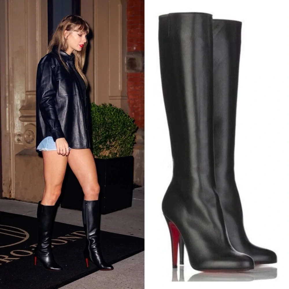 Christian Louboutin Black Napa Leather New Simple Botta Knee Length Boots 37 - Picture 7 of 15